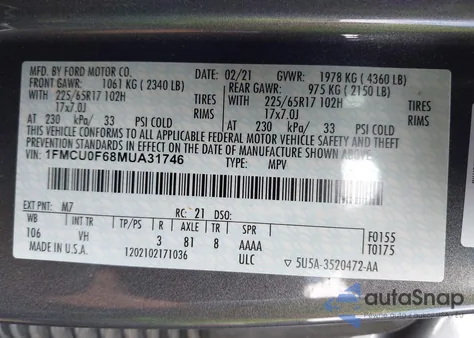 2021 Ford Escape S from USA, damaged, VIN 1FMCU0F68MUA31746